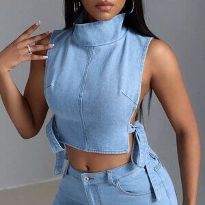 Sleeveless Cropped Denim Turtleneck Top with Side Tie Details